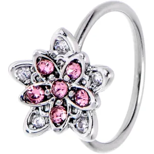 20 Gauge 5/16 Pink Clear CZ Gem Snowflake Flower Nose Hoop