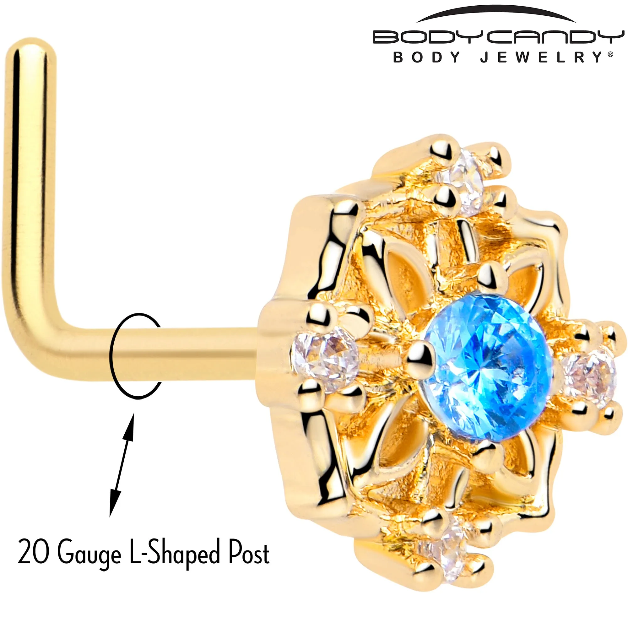 20 Gauge 7mm Blue CZ Gem Gold Tone Flower Ring L Shape Nose Ring