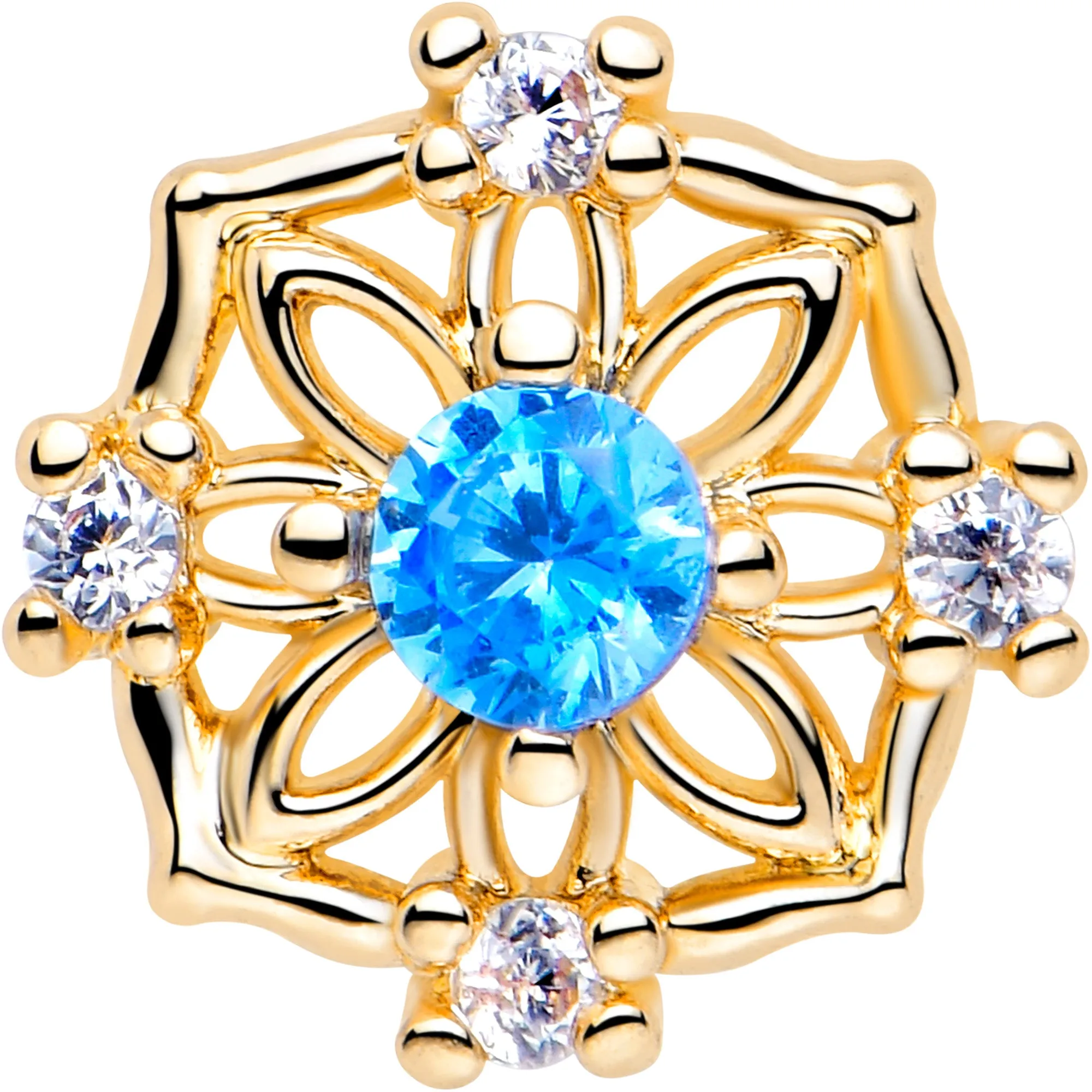 20 Gauge 7mm Blue CZ Gem Gold Tone Flower Ring L Shape Nose Ring