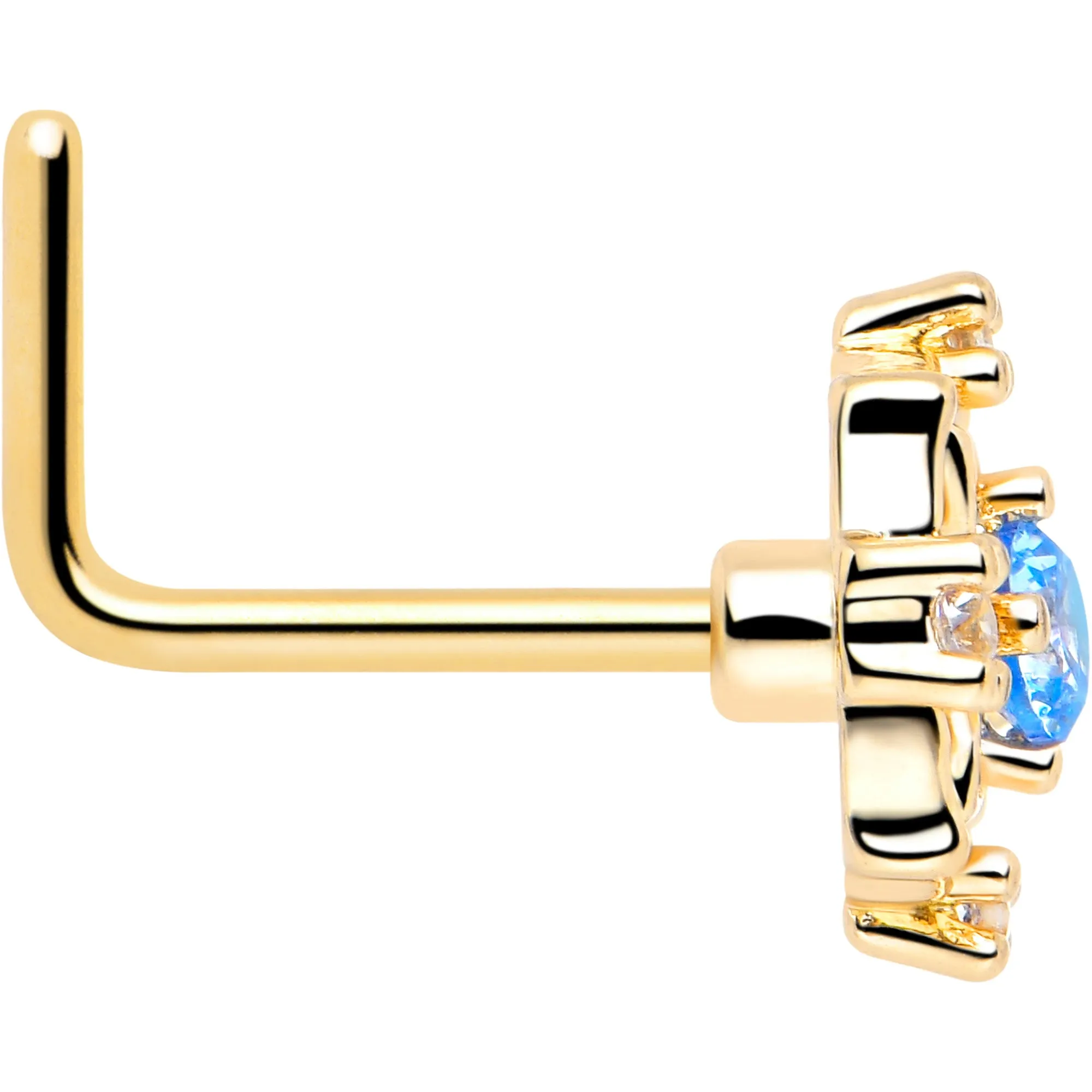 20 Gauge 7mm Blue CZ Gem Gold Tone Flower Ring L Shape Nose Ring