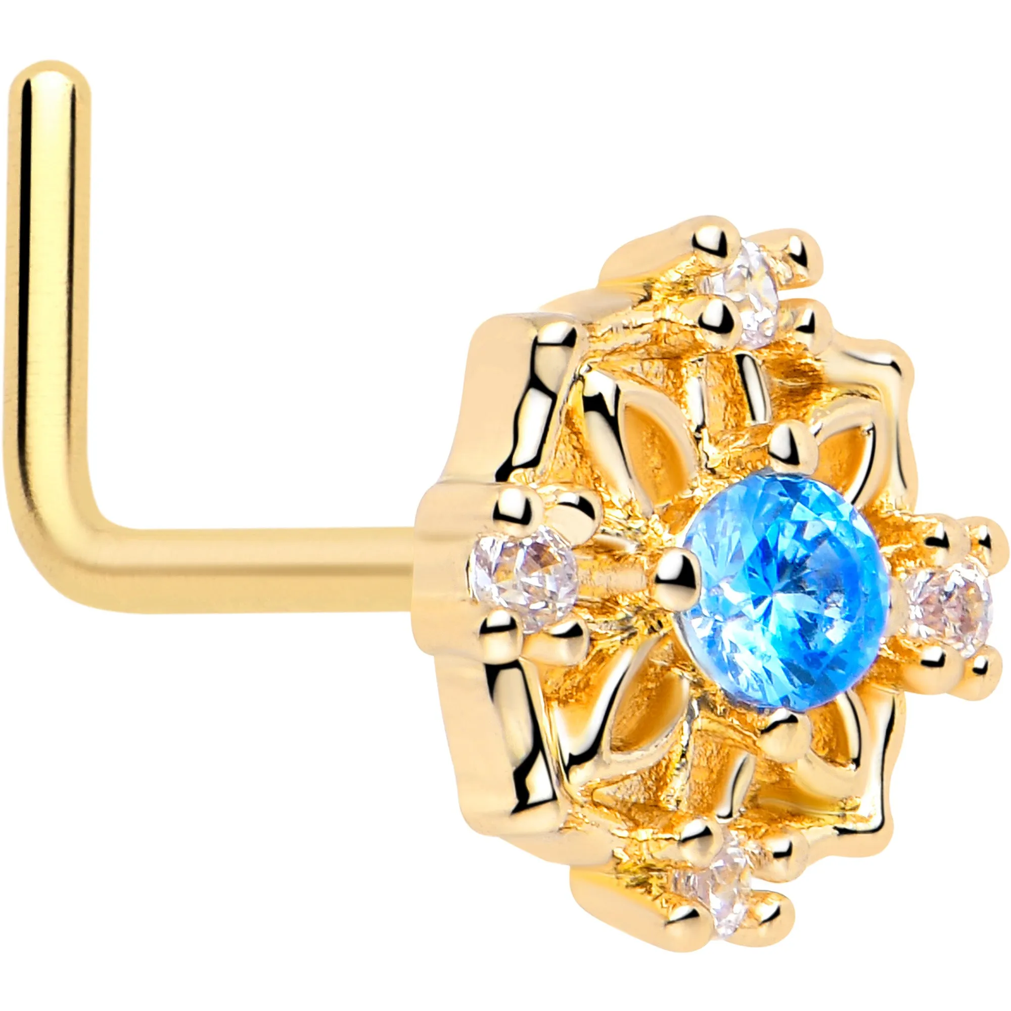 20 Gauge 7mm Blue CZ Gem Gold Tone Flower Ring L Shape Nose Ring