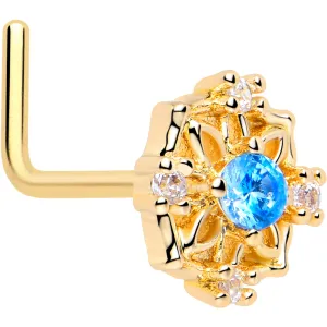 20 Gauge 7mm Blue CZ Gem Gold Tone Flower Ring L Shape Nose Ring