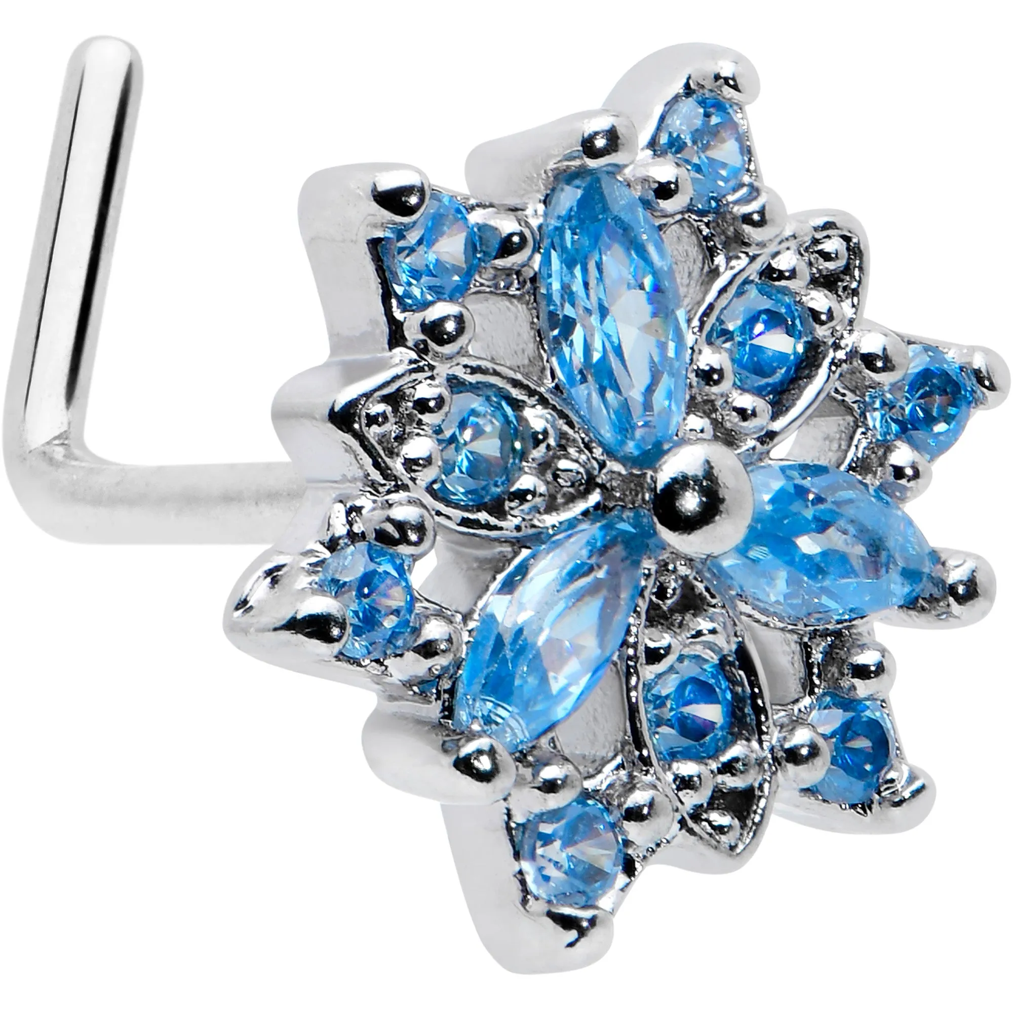 20 Gauge 7mm Blue CZ Gem Snowflake Blues L Shape Nose Ring