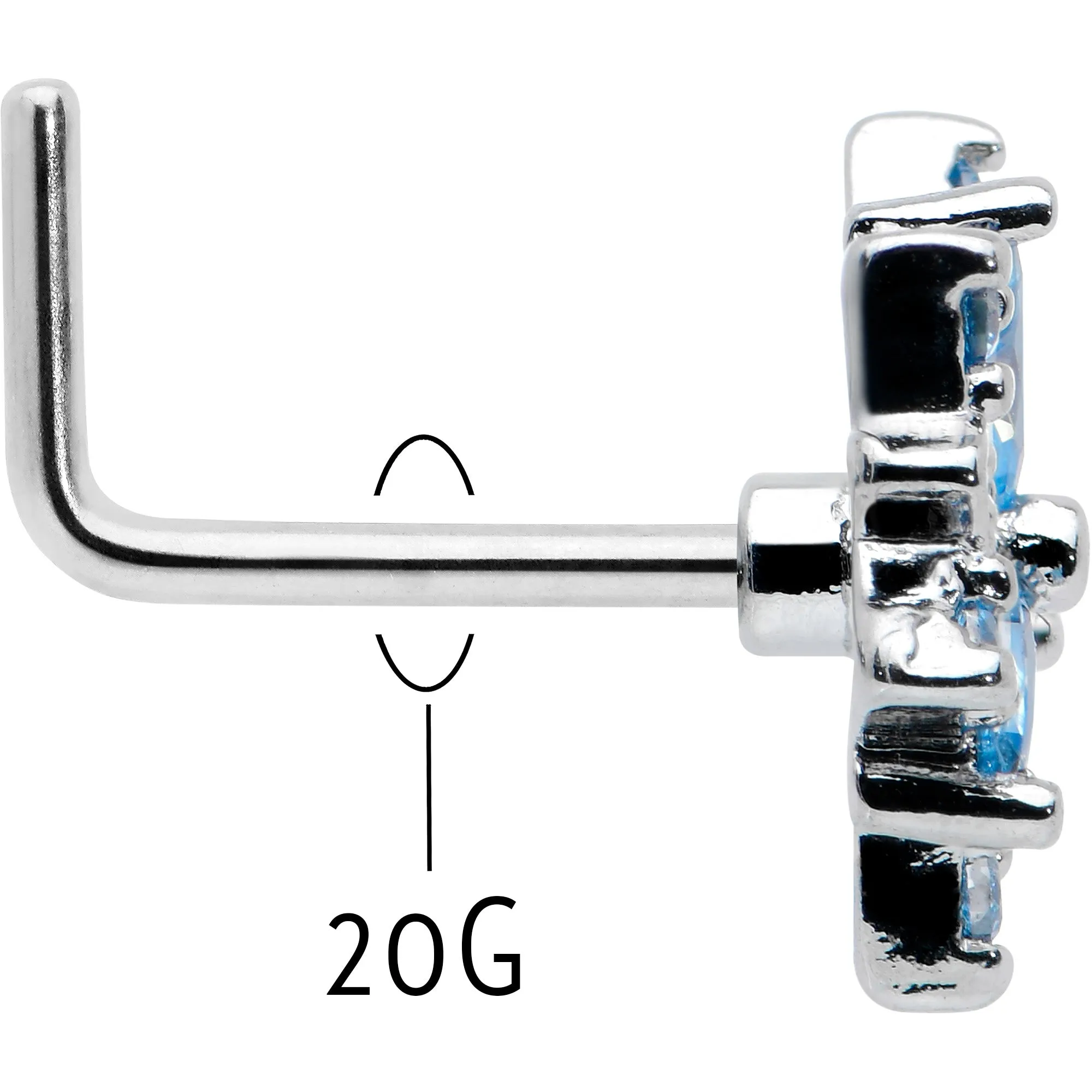 20 Gauge 7mm Blue CZ Gem Snowflake Blues L Shape Nose Ring