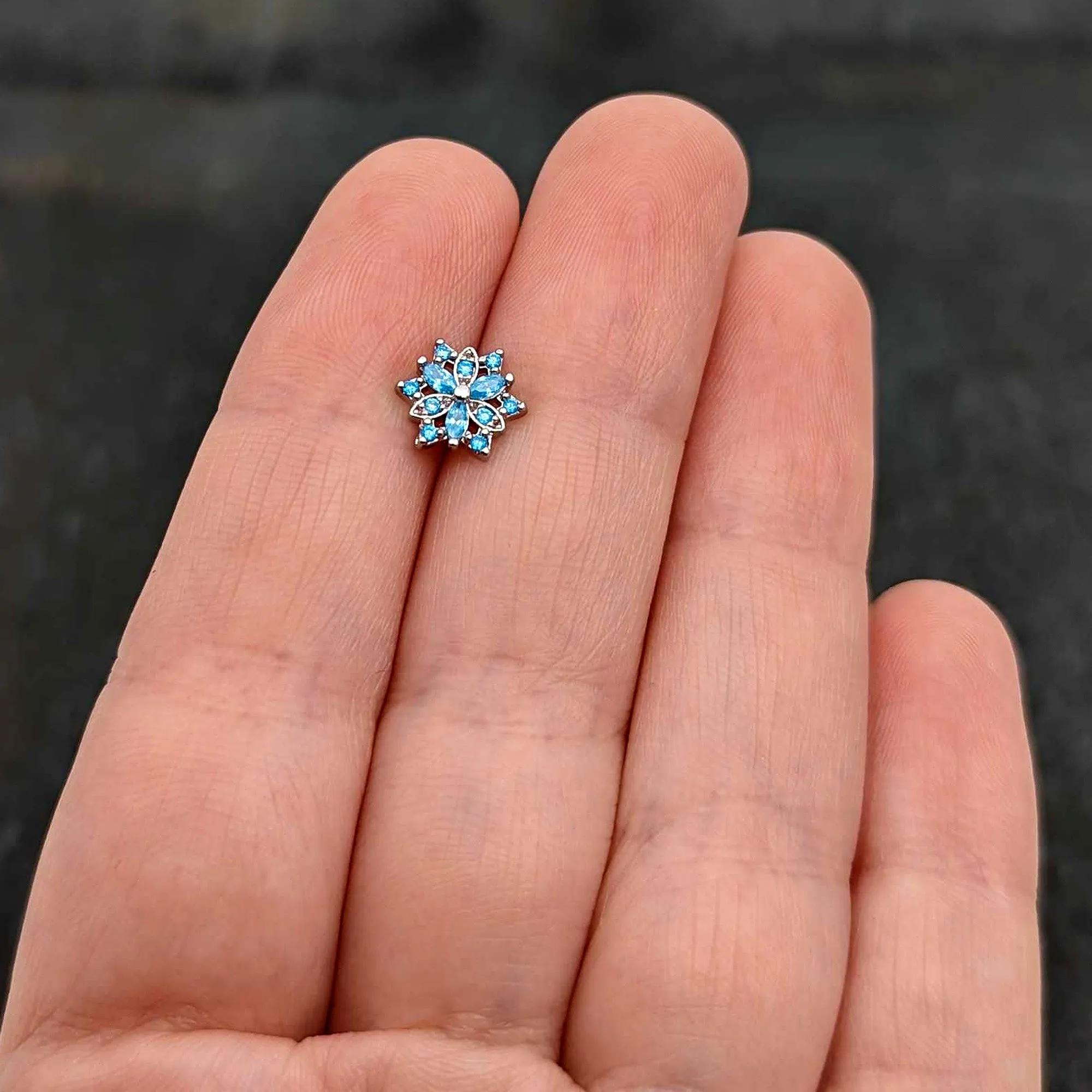 20 Gauge 7mm Blue CZ Gem Snowflake Blues L Shape Nose Ring