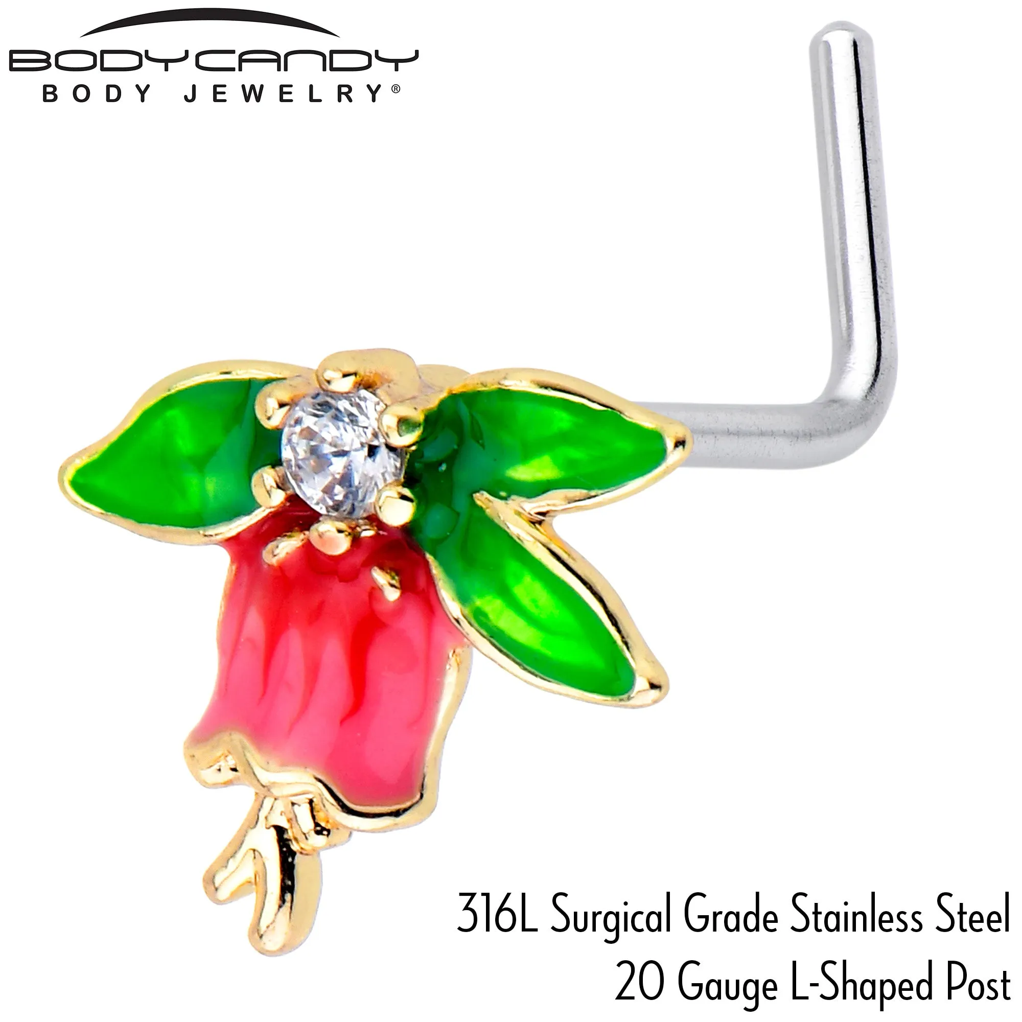 20 Gauge 7mm Clear CZ Gem Bell Flower L Shape Nose Ring