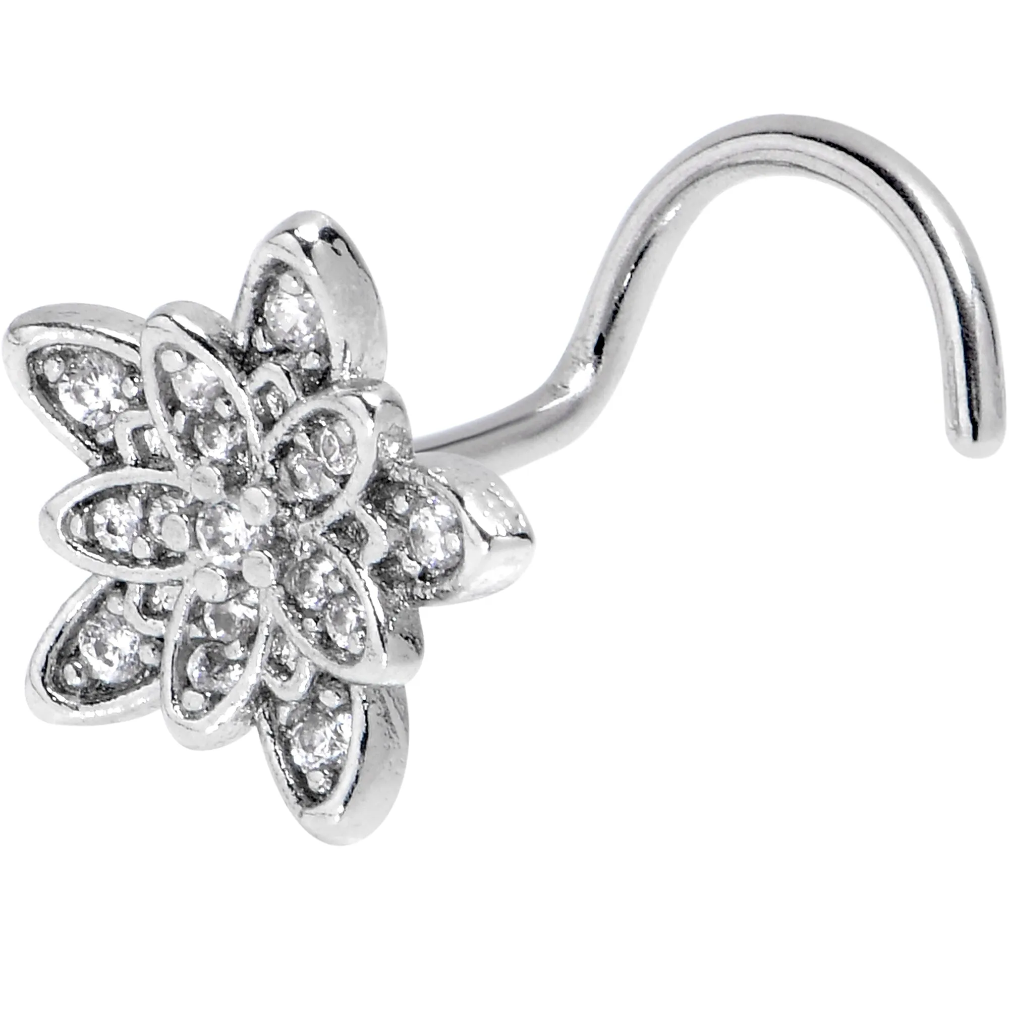 20 Gauge 7mm Clear CZ Gem Snowflake Flower Left Side Nose Screw