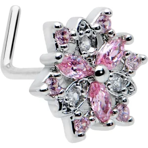 20 Gauge 7mm Pink Clear CZ Gem Snowflake L Shape Nose Ring