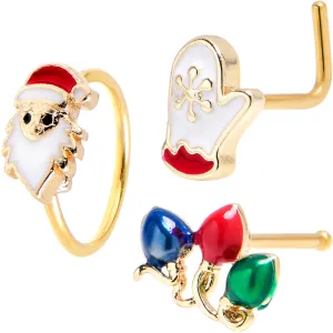 20 Gauge Gold Tone Santa Mitten Lights Nose Bone Hoop Set of 3