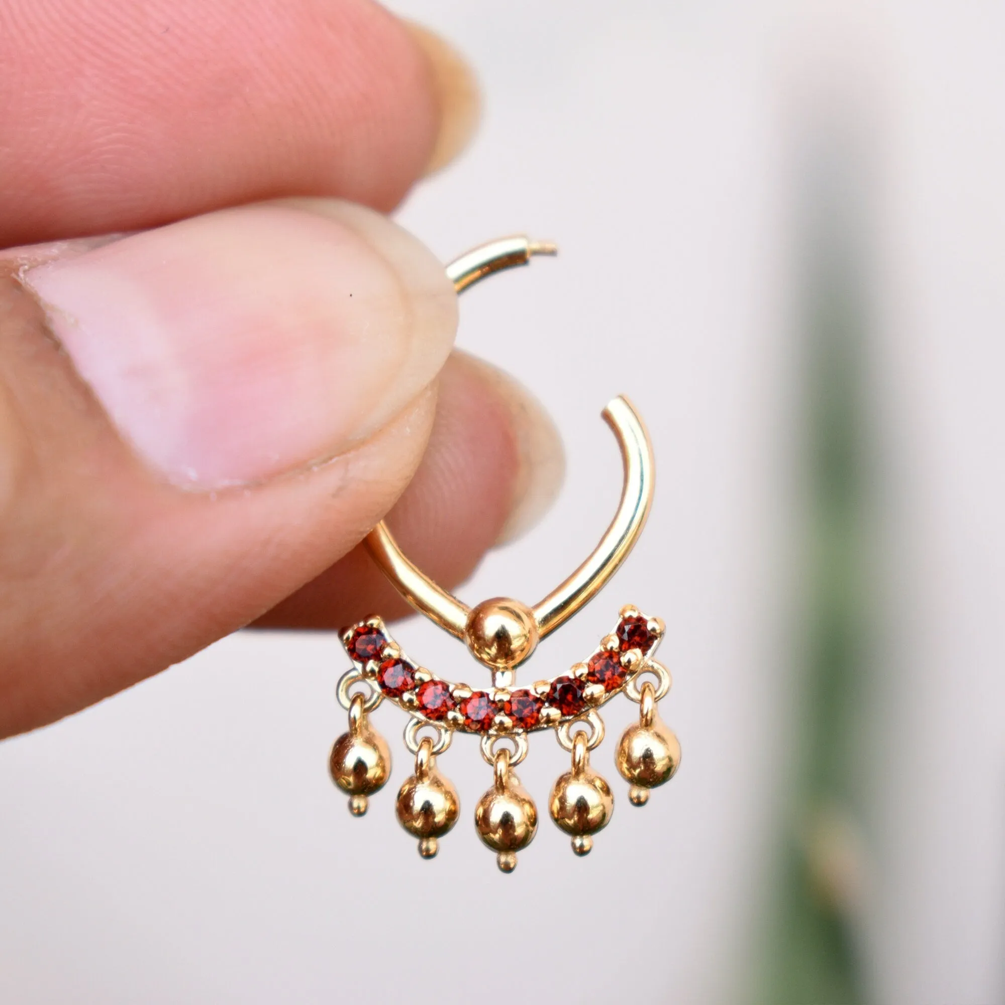 6 8 10mm Natural Garnet Clicker with Dangling Gold Balls