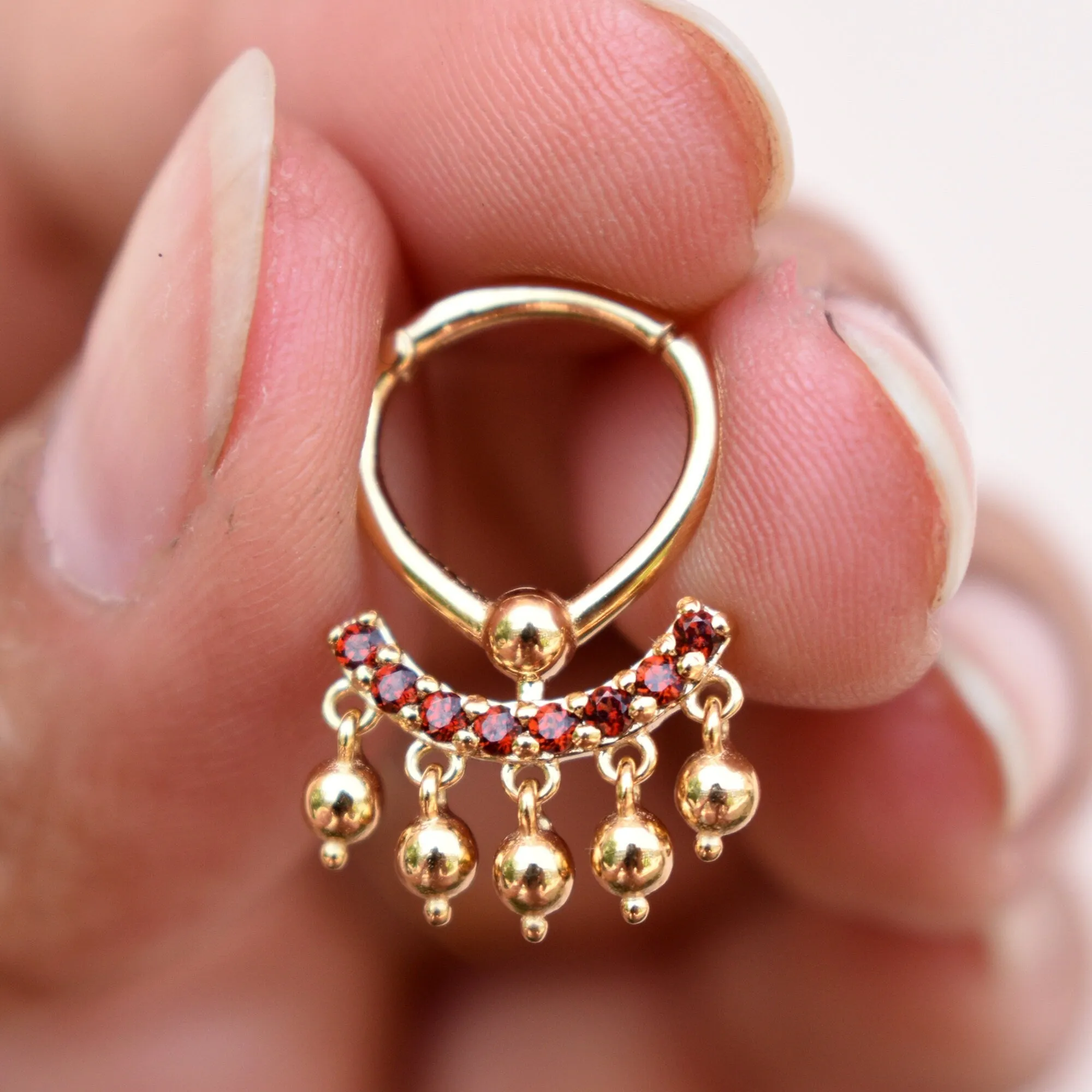 6 8 10mm Natural Garnet Clicker with Dangling Gold Balls