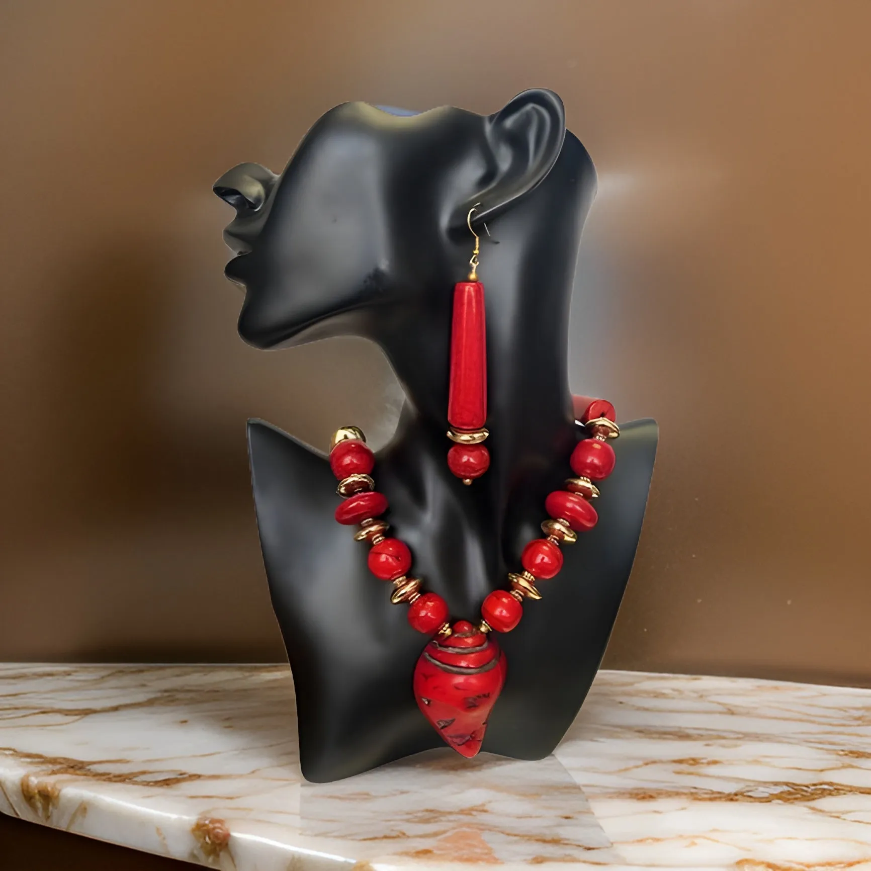 African Bone Shell Pendent Beaded Necklace & Earring Set