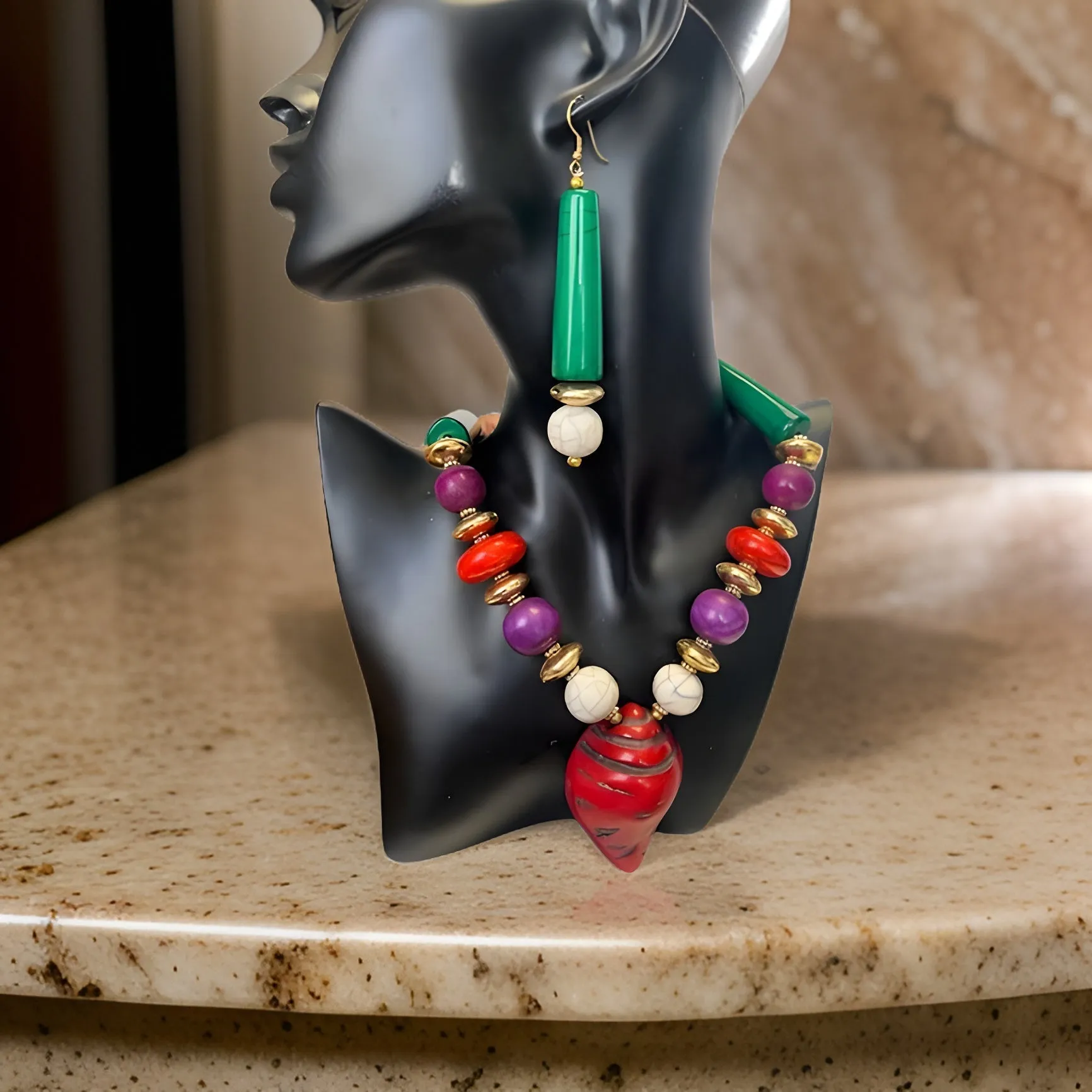 African Bone Shell Pendent Beaded Necklace & Earring Set