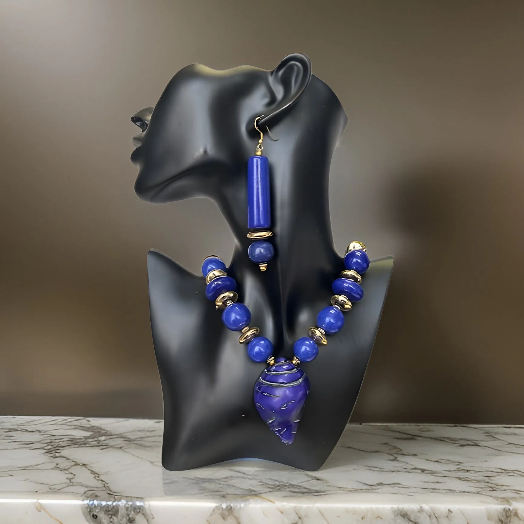 African Bone Shell Pendent Beaded Necklace & Earring Set