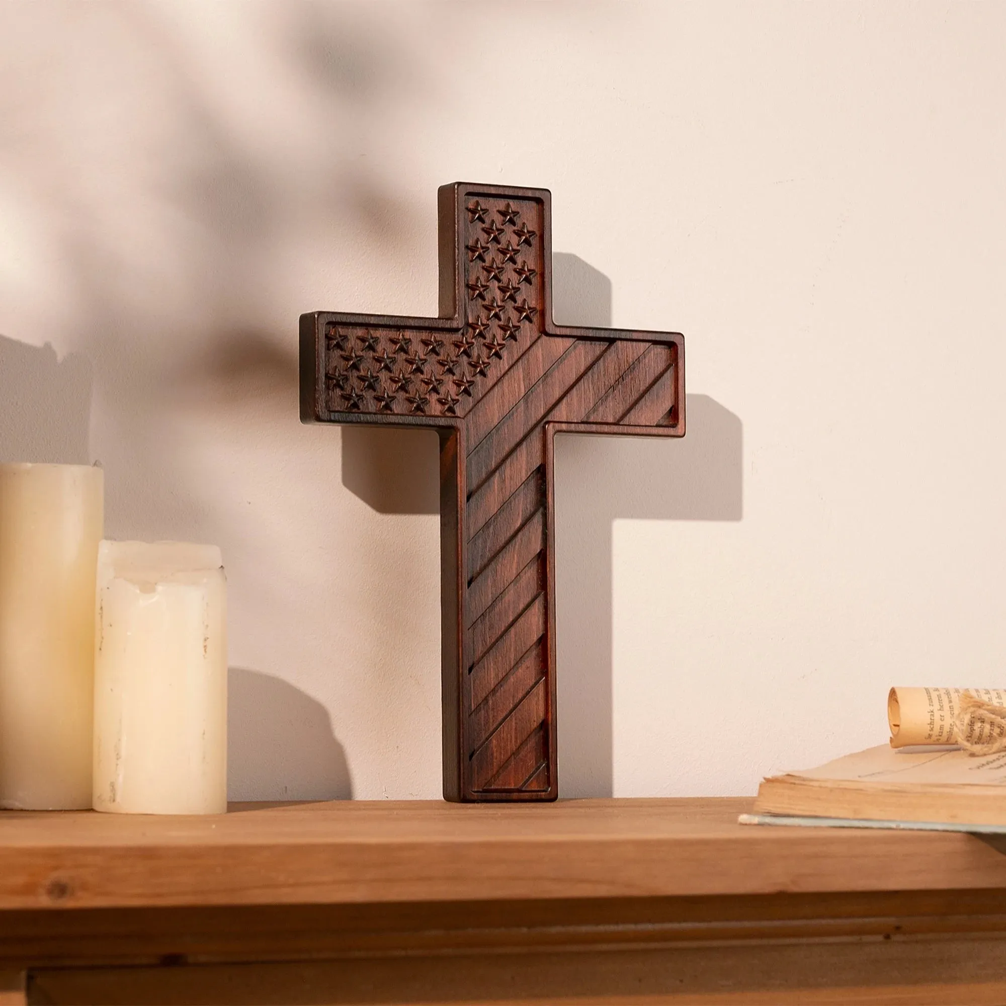 American Flag Hanging Cross for Home and Office, Wooden Cross, Wall Art Decor, Soldier Patriot, Engraved Gift