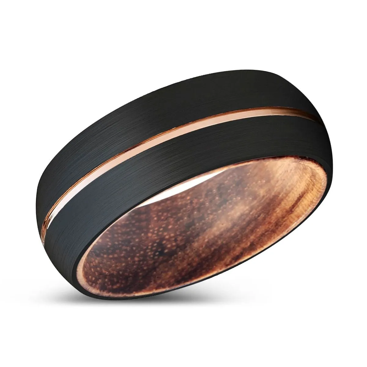 AXES | Zebra Wood, Black Tungsten Ring, Rose Gold Groove, Domed