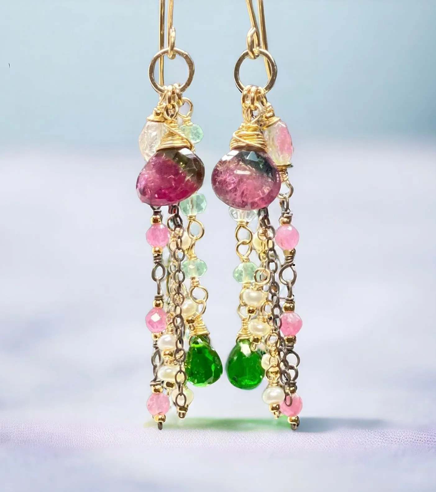 Bicolor Rubellite Tourmaline Briolette and Mixed Metal Gemstone Dangle Earrings