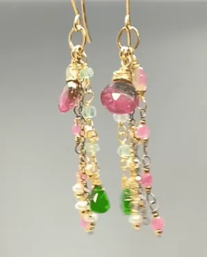 Bicolor Rubellite Tourmaline Briolette and Mixed Metal Gemstone Dangle Earrings