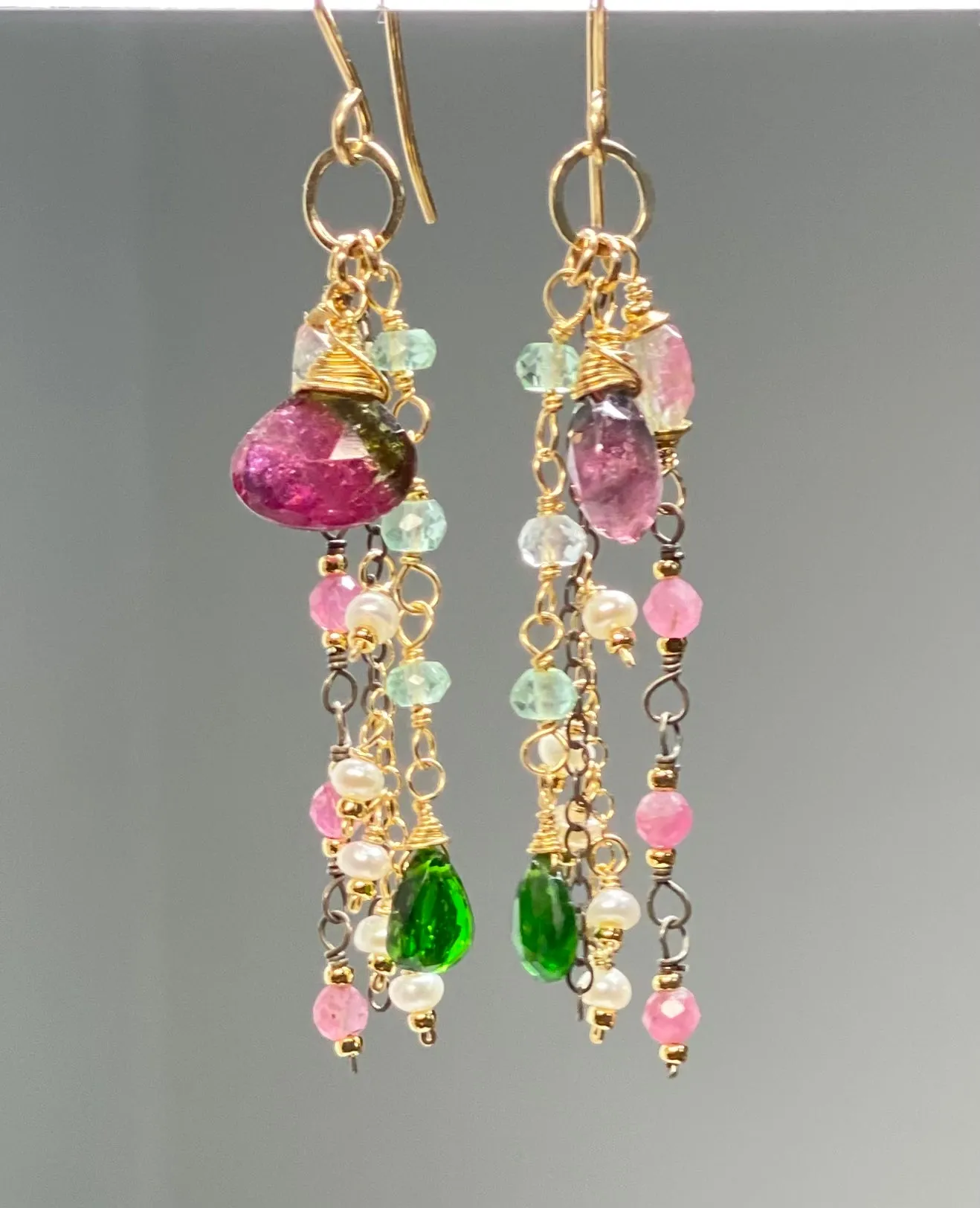 Bicolor Rubellite Tourmaline Briolette and Mixed Metal Gemstone Dangle Earrings