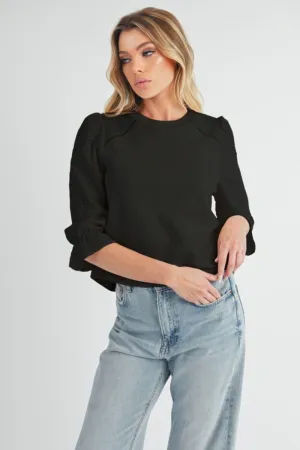 Black Embroidered Eyelet Round Neck 3/4 Sleeve Blouse