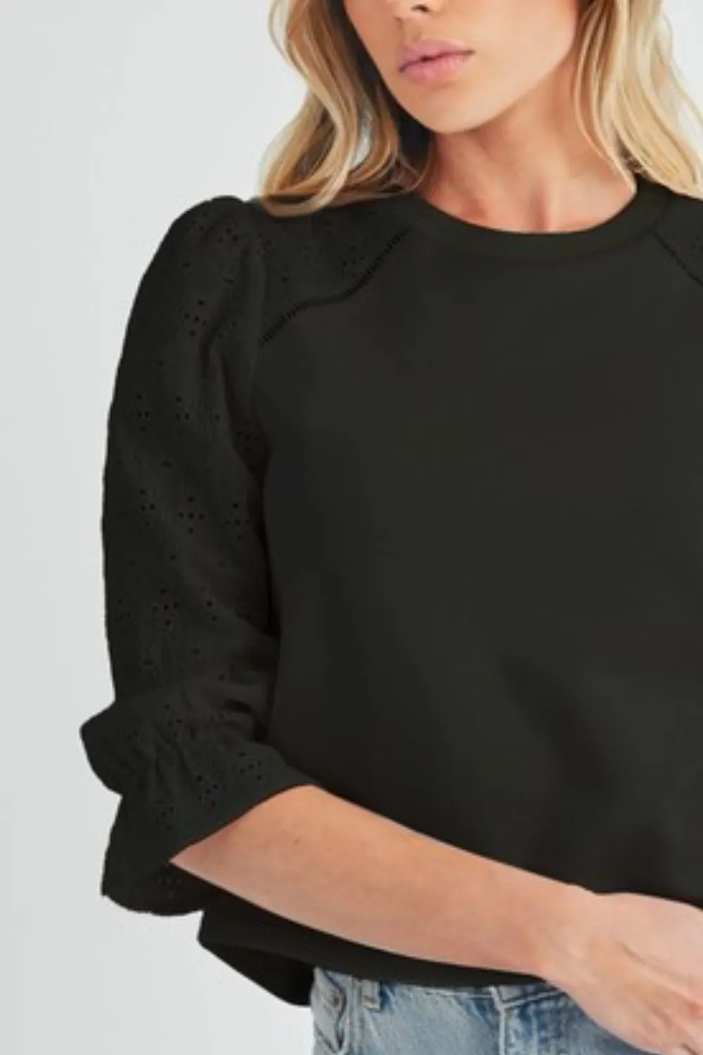Black Embroidered Eyelet Round Neck 3/4 Sleeve Blouse