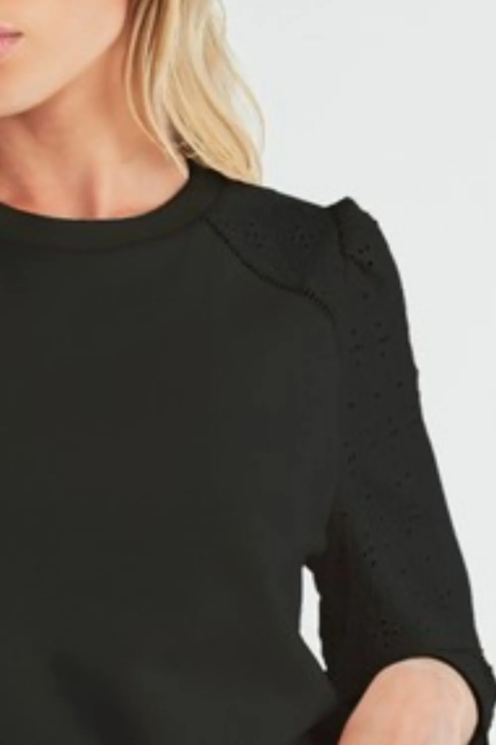 Black Embroidered Eyelet Round Neck 3/4 Sleeve Blouse