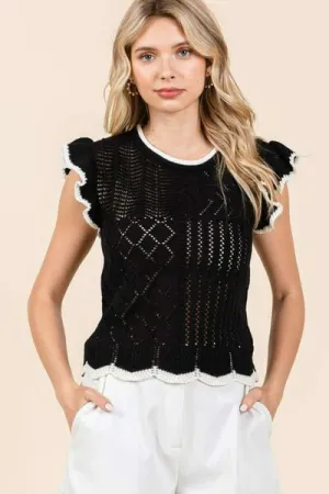 Black Openwork Contrast Trim Ruffled Cap Sleeve Knit Top