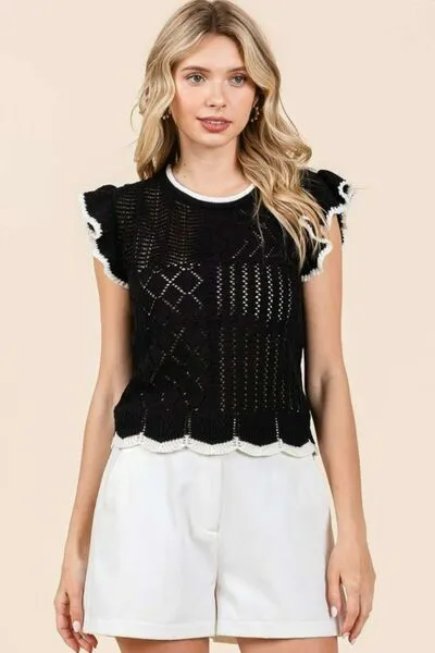 Black Openwork Contrast Trim Ruffled Cap Sleeve Knit Top