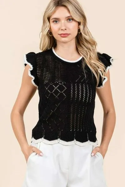 Black Openwork Contrast Trim Ruffled Cap Sleeve Knit Top