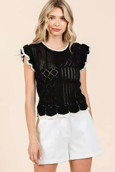 Black Openwork Contrast Trim Ruffled Cap Sleeve Knit Top