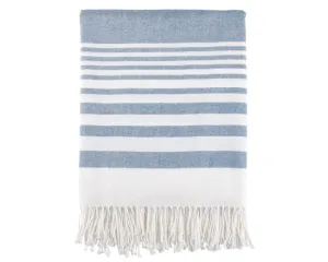 Blue & white striped throw with fringe detail