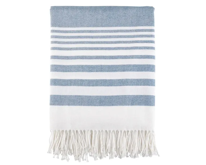 Blue & white striped throw with fringe detail