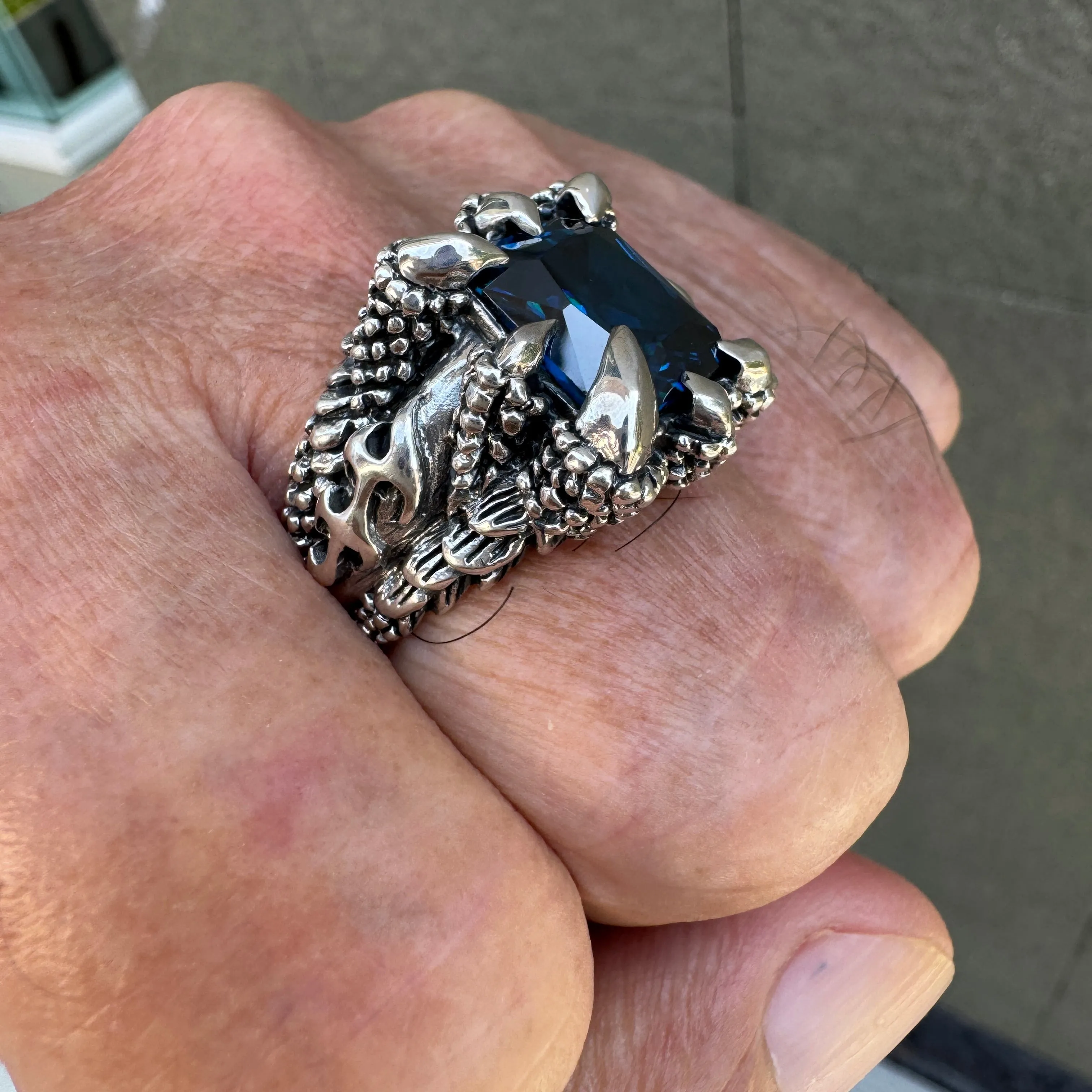 Blue Topaz Flame Blade Eagle Claw Sterling Silver Ring