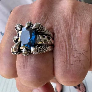 Blue Topaz Flame Blade Eagle Claw Sterling Silver Ring