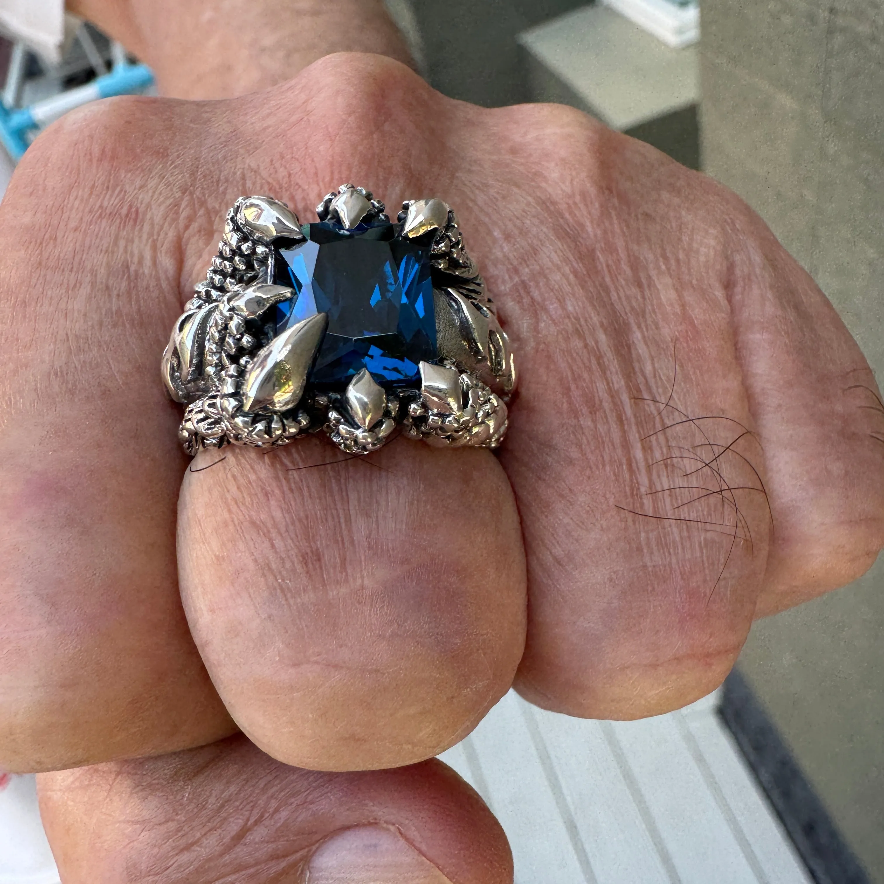 Blue Topaz Flame Blade Eagle Claw Sterling Silver Ring