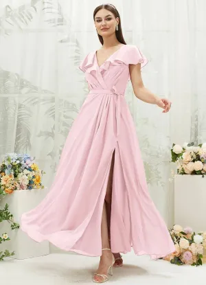 Blush Chiffon Ruffle Sleeve V-Neck Slit Maxi Bridesmaid Dress