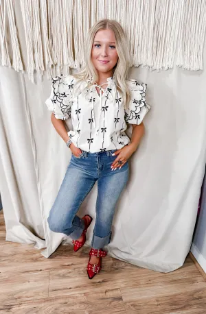 Bow bubble sleeve scallop ruffle top