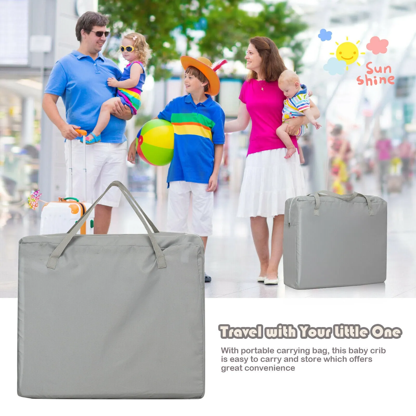 Breathable 2-in-1 Travel Cot Playpen with Spine Supporting Mattress & Carry Bag | Portable Crib | Grey