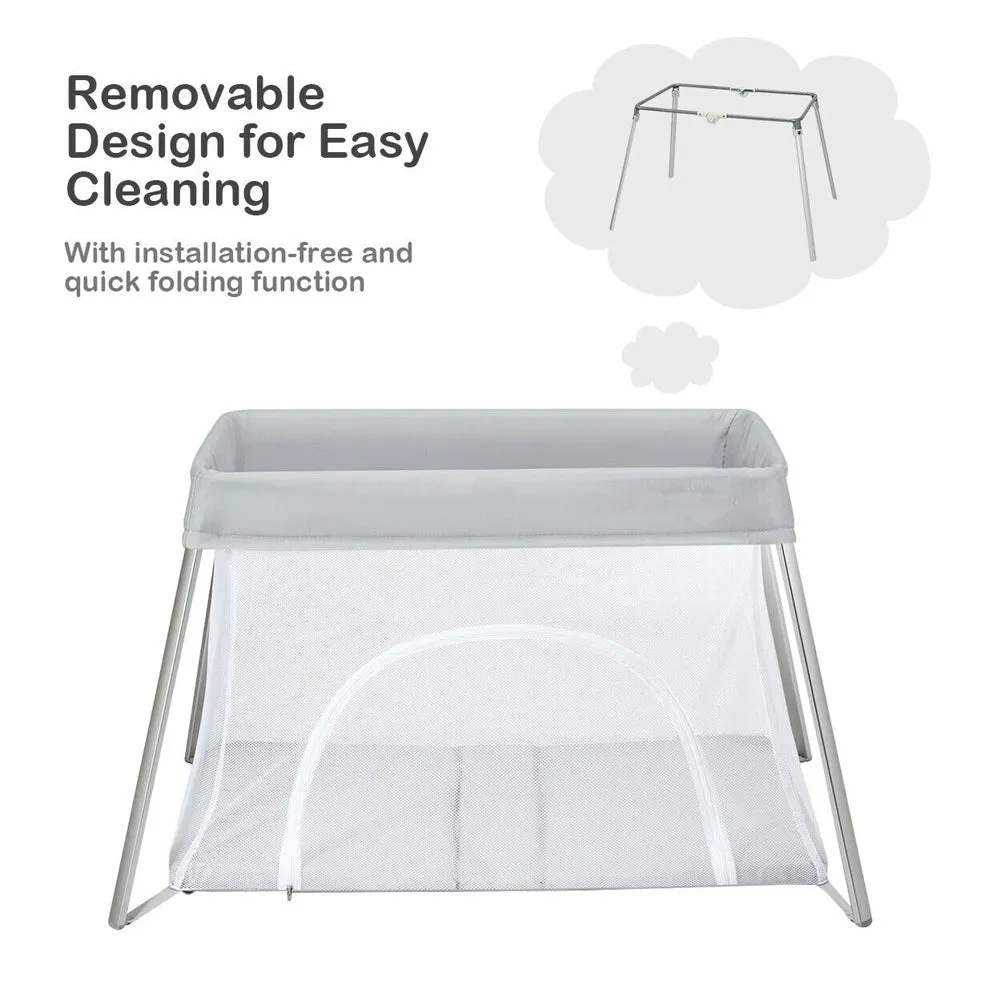 Breathable 2-in-1 Travel Cot Playpen with Spine Supporting Mattress & Carry Bag | Portable Crib | Grey