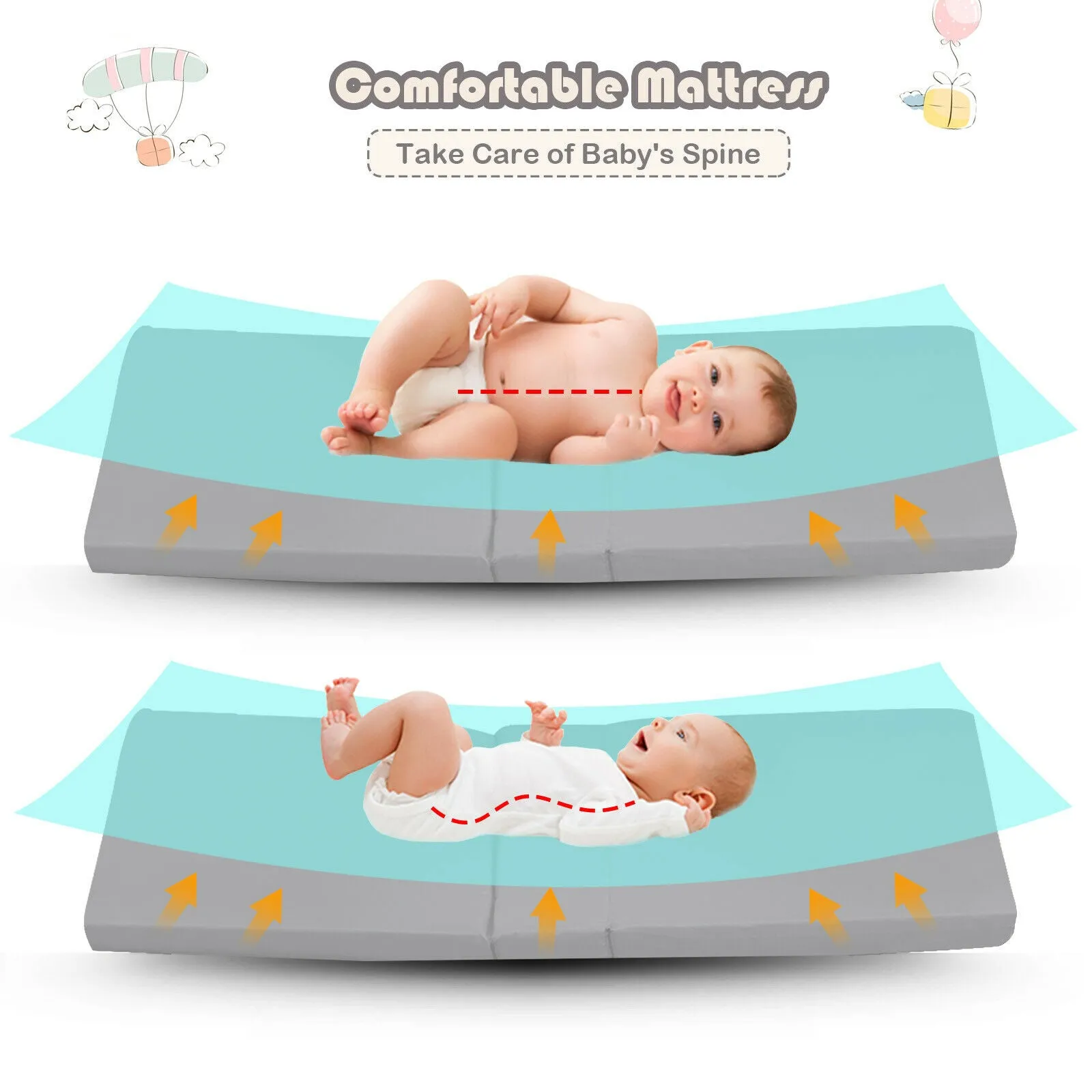 Breathable 2-in-1 Travel Cot Playpen with Spine Supporting Mattress & Carry Bag | Portable Crib | Grey