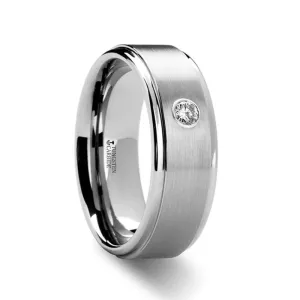 BRIGHTON | Silver Tungsten Ring, Diamond, Stepped Edges