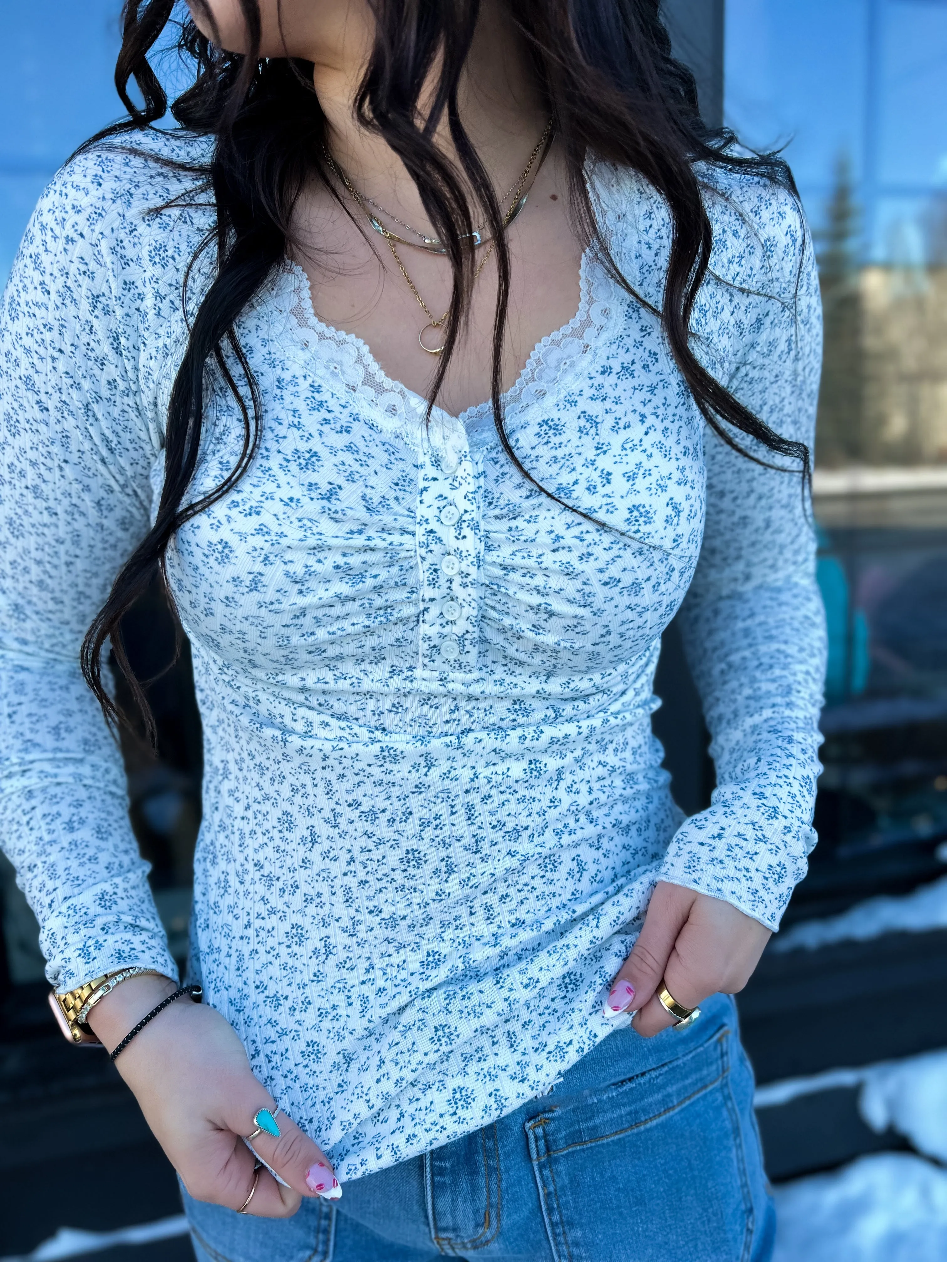 Casie Lace Trim Floral Top- Off White