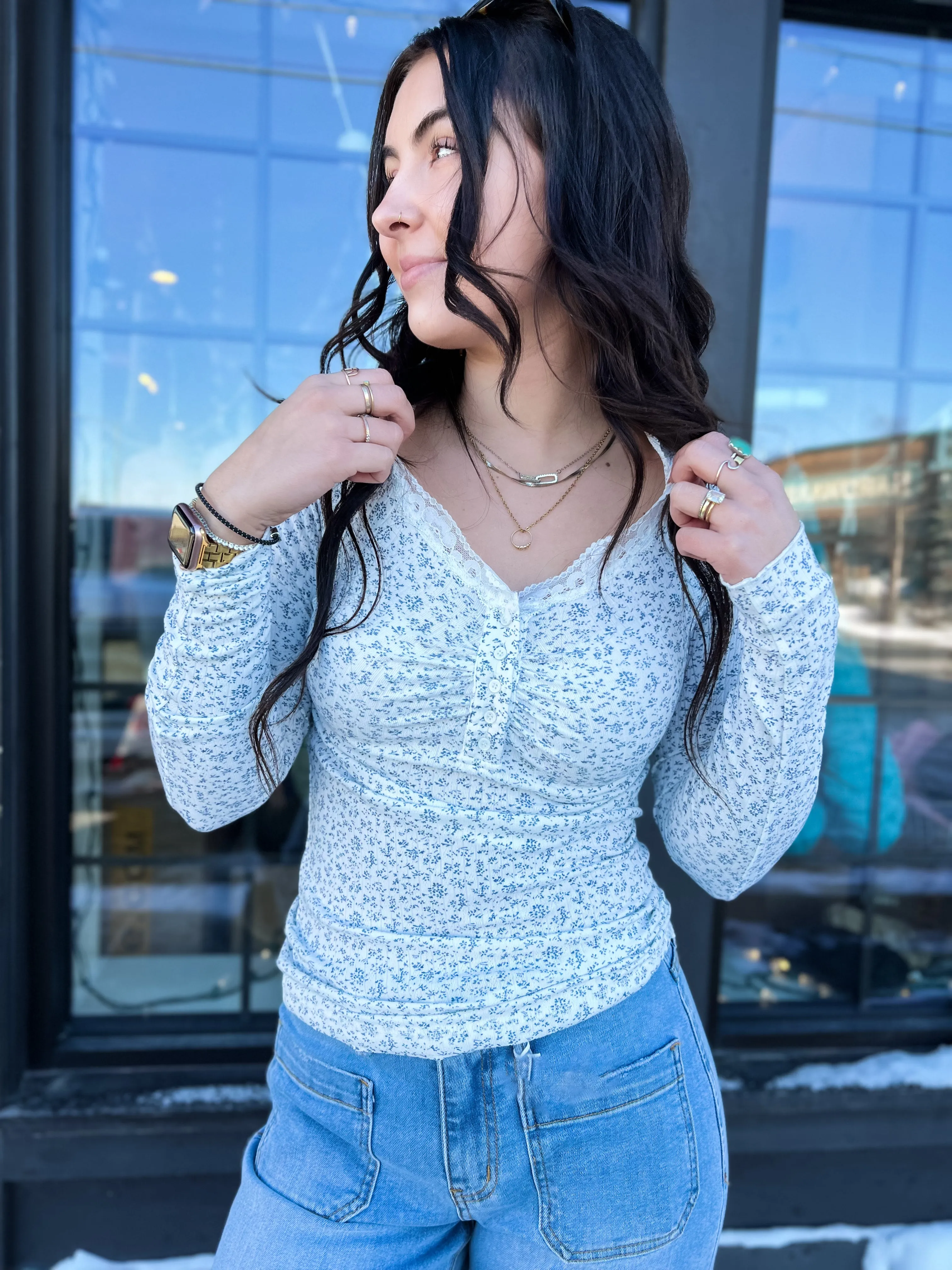 Casie Lace Trim Floral Top- Off White
