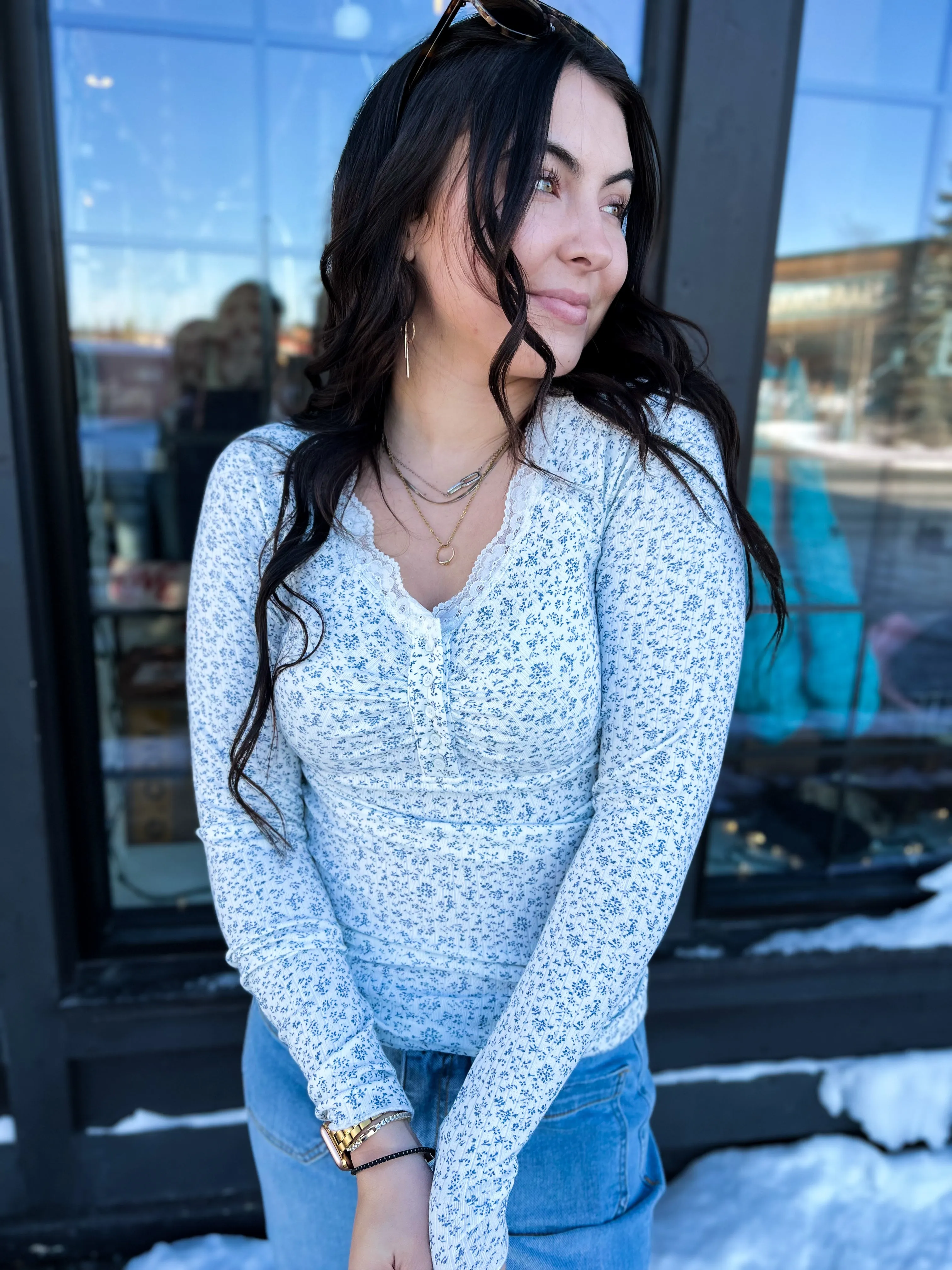 Casie Lace Trim Floral Top- Off White
