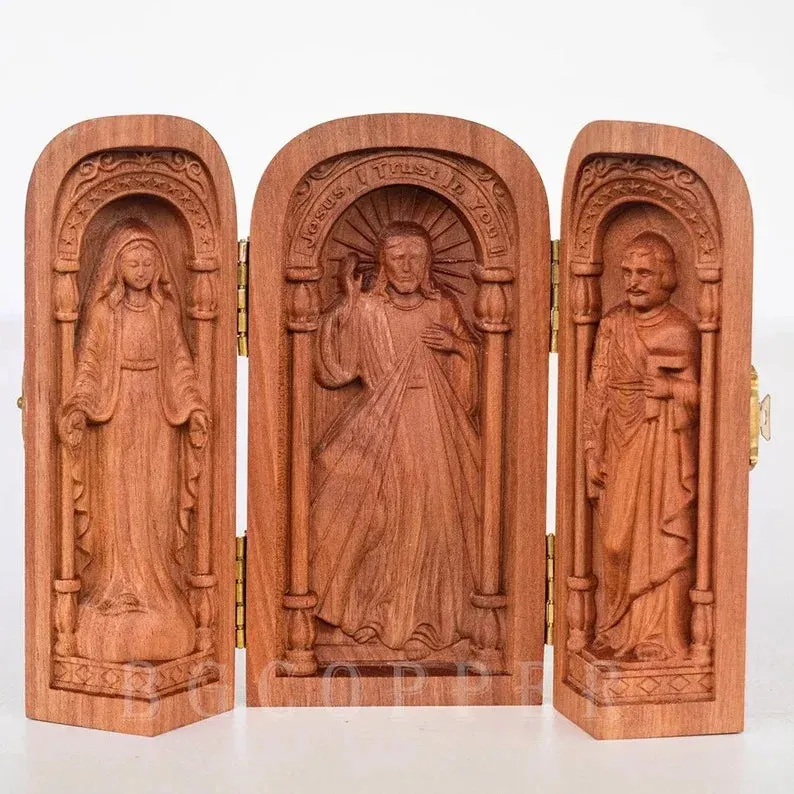 Catholic holy relics three open box handicraft ornaments wood carving prayer altar Virgin Mary Jesus Christ saint statue