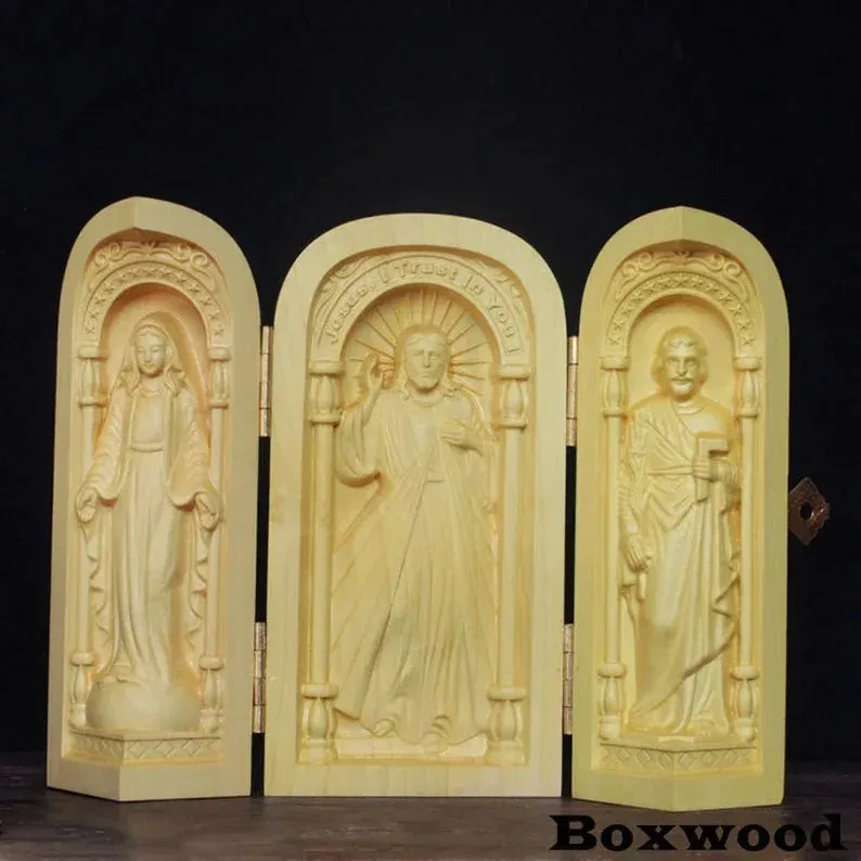 Catholic holy relics three open box handicraft ornaments wood carving prayer altar Virgin Mary Jesus Christ saint statue