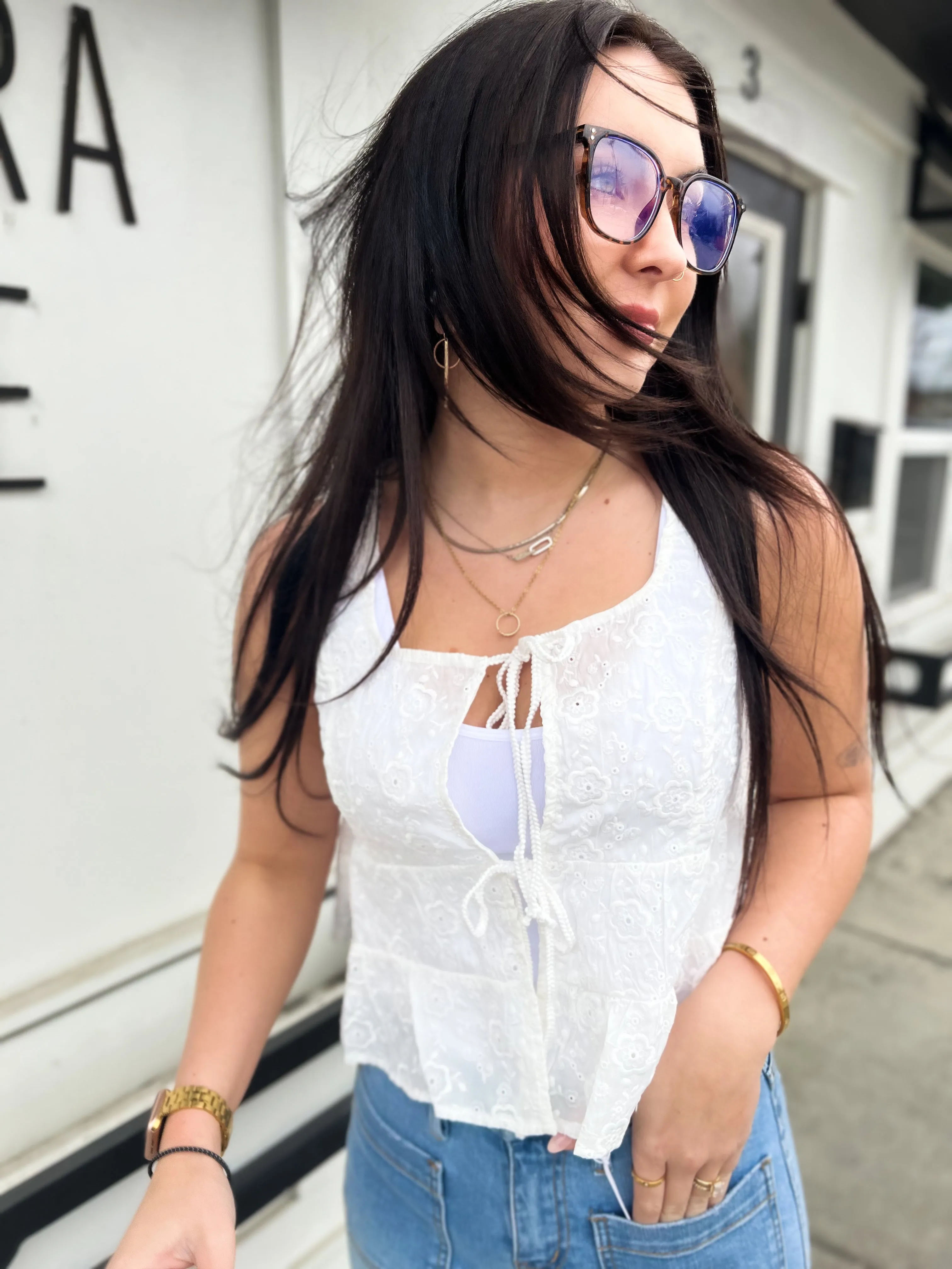 Charlotte Floral Embroidered Front Tie Top- White