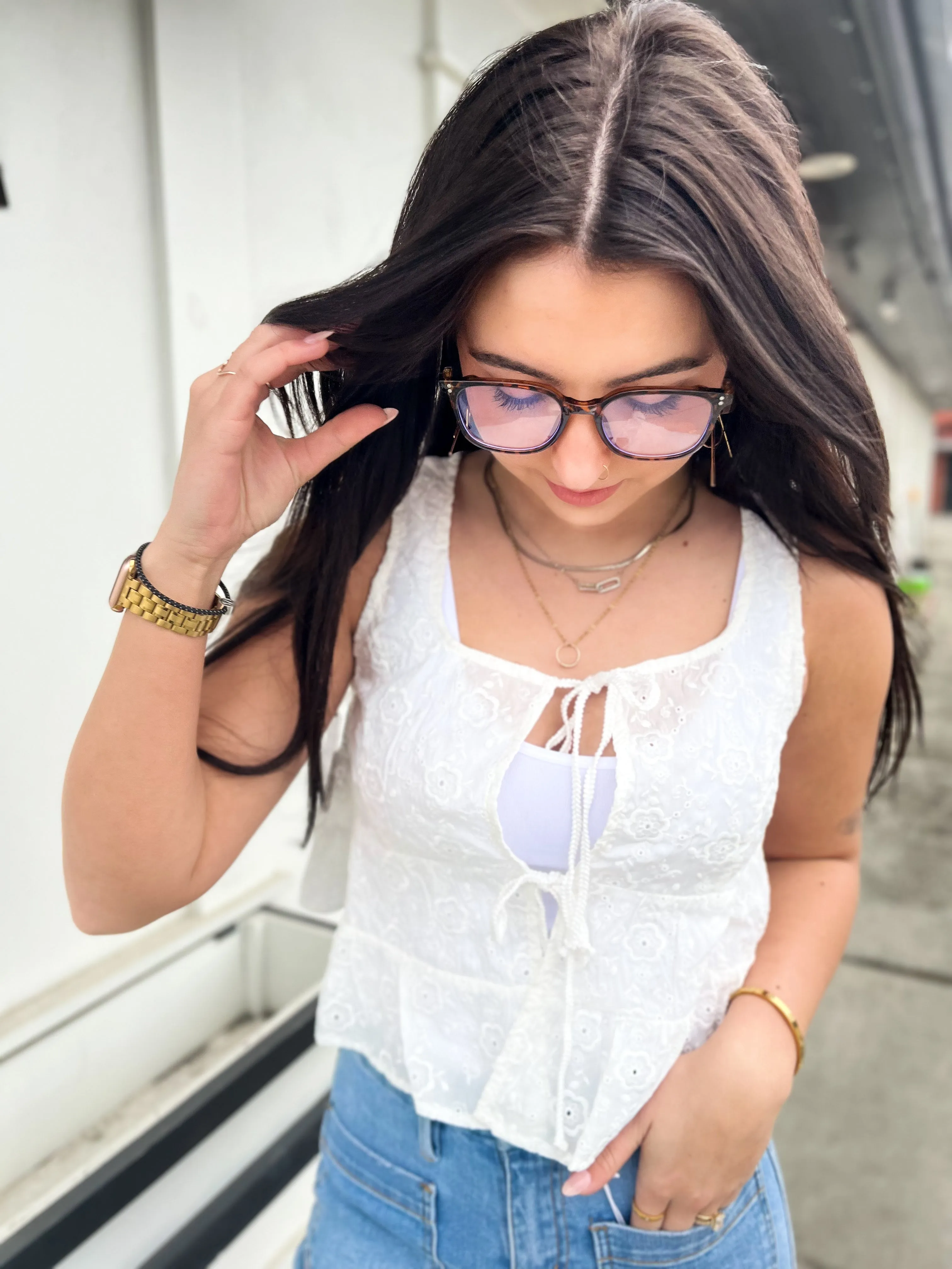 Charlotte Floral Embroidered Front Tie Top- White