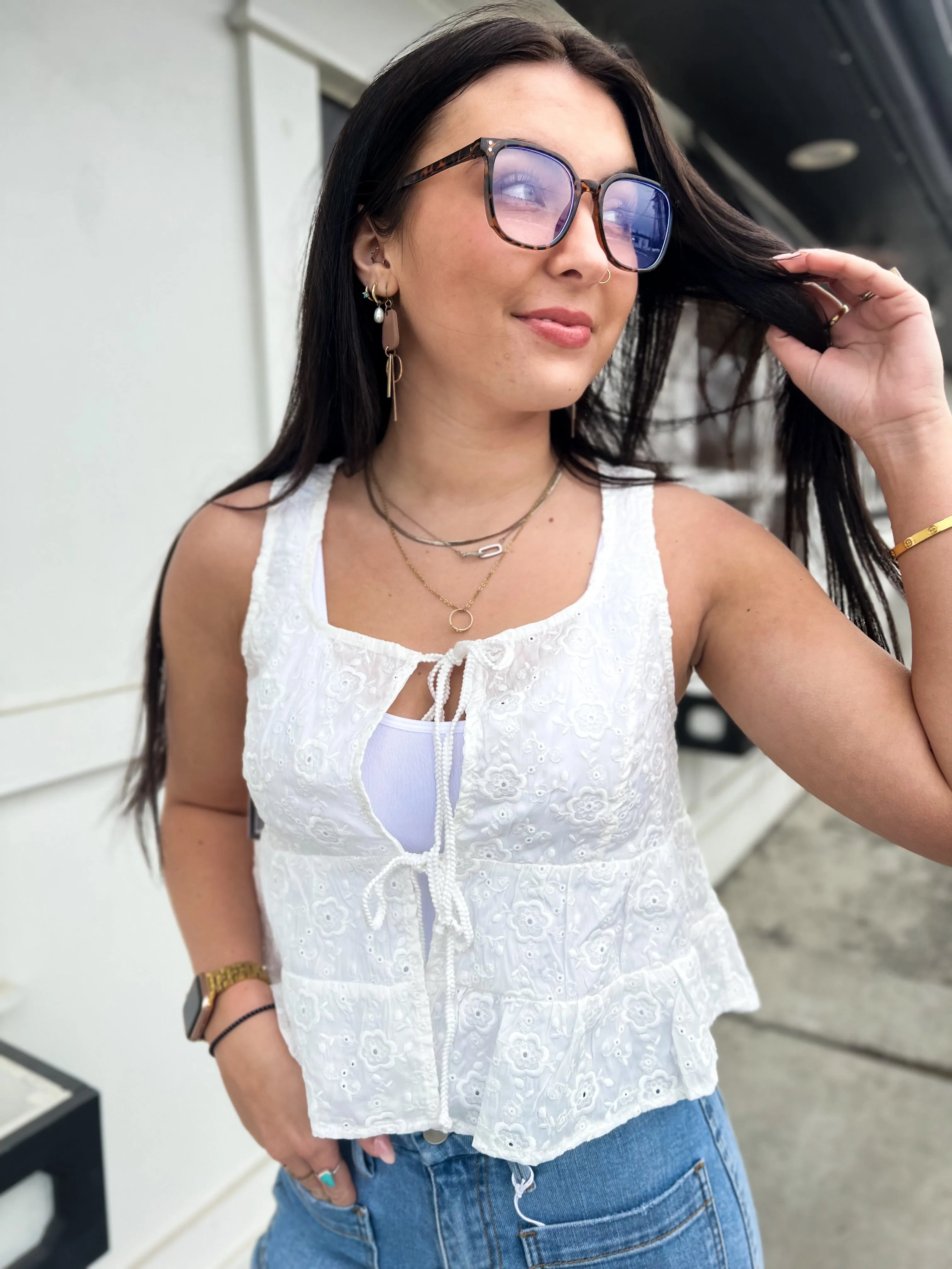 Charlotte Floral Embroidered Front Tie Top- White