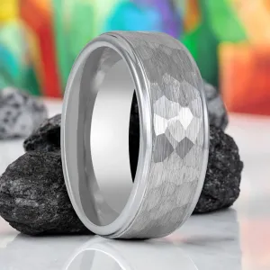 CLAN | Silver Tungsten Ring, Hammered, Stepped Edge